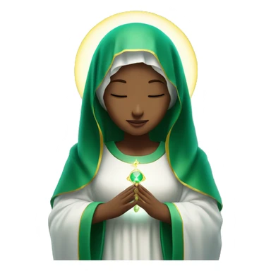 Virgin Mary: kind face looking down at the left Wearing an emerald green  robe and white veil. Hands in prayer or blessing. Halo around her head. standing on a crescent moon.  sticker