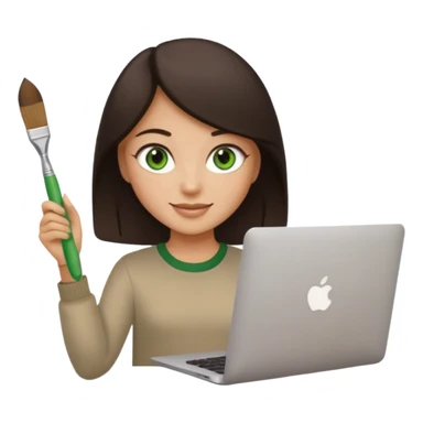 happy Graphic designer whit a MacBook, him eyes green color and dark brown hair, he is paint artist sticker