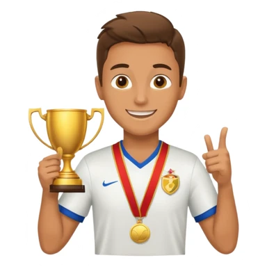 happy soccer player with a first-place medal and a trophy sticker