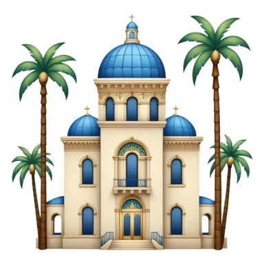California building with ornate blue, gold, and green tile dome, slender California Tower, Spanish Colonial Revival style, palm trees, simple sticker