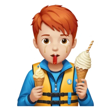 boy kid red haired wearing life jacket, eating ice cream sticker
