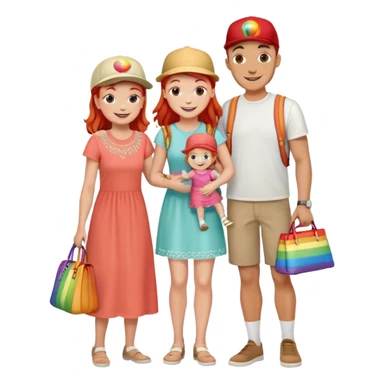 A happy family of four - father in white t-shirt and cap, mother with red hair in coral dress, young daughter in matching dress with rainbow handbag, teenage son in light embroidered shirt, all smiling together sticker