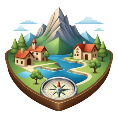 An icon featuring a local map, a compass, and regional landmarks, symbolizing local studies. The design includes a tree, mountains, and buildings, representing the unique geography and culture of a specific area. Transparent background highlights the exploration of local history and environment. sticker
