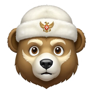Bear head only in white fur ushanka hat with accurate Russian Federation eagle emblem clearly visible in center, iOS emoji style sticker