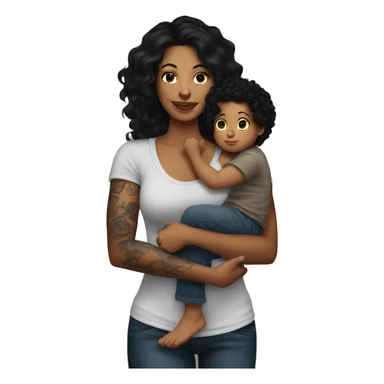  mom with tattoos on arm with long black hair holding a baby boy with dark brown curly hair  sticker