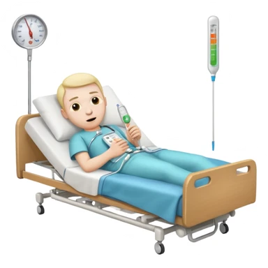 man sick in hospital bed full body thermometer in mouth emoji style sticker