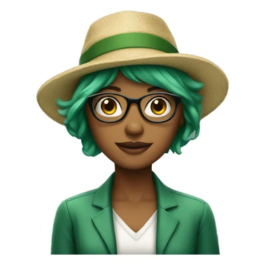 Woman with glasses, green hair and a hat sticker