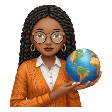 a young woman wearing fine gold round glasses and black hair in several box braids, no earrings, she has light black skin, and she's wearing a white shirt with an orange-terracotta cardigan on top. She's holding a globe in one hand sticker