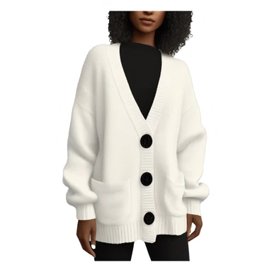 White oversized cardigan knit sweater with three black buttons, black trim around the sleeves and down the trim along the buttons sticker