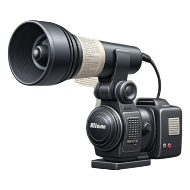 An icon featuring a microphone, a newspaper, a professional camera Nikon D5, representing journalism and mass media. The design includes headlines and imagery, symbolizing the spread of news and information. Transparent background highlights the power of communication and media. sticker