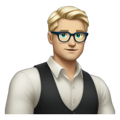 blonde hair white male wearing black shirt with bold blue thick glasses and has green eyes and blonde short hair in comb over Gatsby style similar face shape to Leonardo DiCaprio sticker