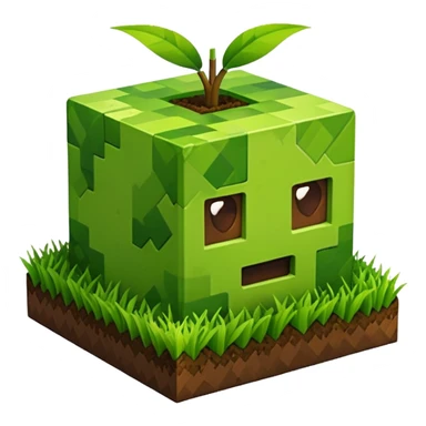 A 3D Apple-style emoji of a Minecraft grass block, cubic shape, with bright green grass on top and brown soil with pixel texture on the sides, simple and cute cartoon design. sticker