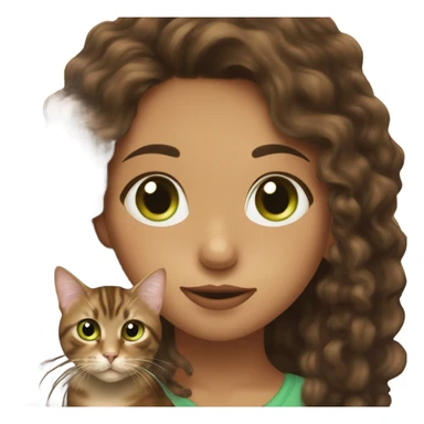 Girl with fair skin, hazel eyes, and long, dark brown curly hair kissing a brown tabby cat with green eyes on its head sticker