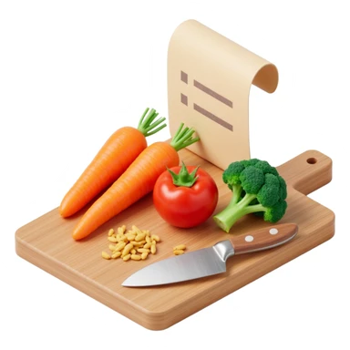 carrot tomato brocoli on the wooden cutting board with floating rolled paper list sticker