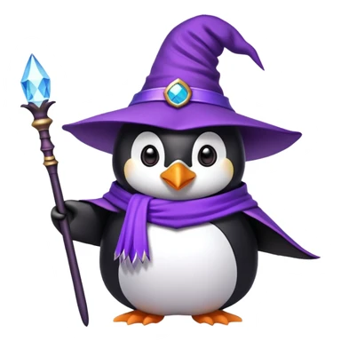 Penguin wearing a purple wizard hat and holding a magic wand sticker
