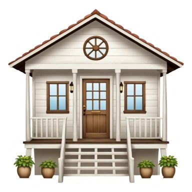 A typical wooden house from rural Puerto Rico with a central functional door, two symmetrical windows, a front porch with open railings, and a rocking chair. The house should look humble but well-maintained, evoking warmth and authenticity. sticker