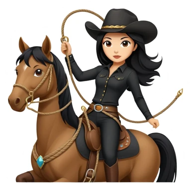 confident Asian woman with long black hair wearing black outfit riding a horse cowgirl style with a lasso sticker