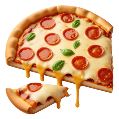 Cinematic cheesy pizza slice, gooey melted cheese stretching as a bite is taken, crispy golden crust, rich tomato sauce, vibrant toppings, warm glowing background, inviting and delicious. sticker