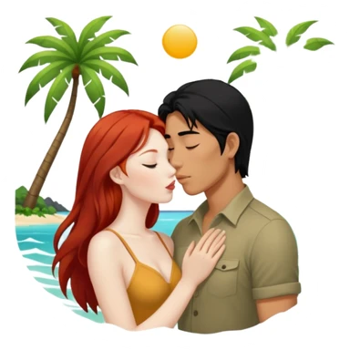 long black haired asian guy kisses redhead girl on island sticker