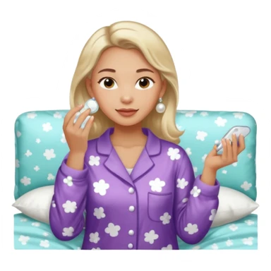 Clean girl aesthetic emoticons, apply skincare products, pearl earrings, glowing skin, pajamas, soft lighting sticker