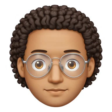 Latino man with oval face, clear lens aviator glasses with metal frames, bald sides with curly hair on top, friendly expression, brown skin, black shirt sticker