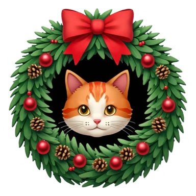 A Christmas wreath made entirely of fir trees, decorated with a red bow at the bottom, pine cones and Christmas tree balls, and a cat poking its face through the hole in the center. sticker