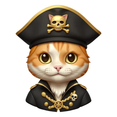 Premium 3D emoji icon of a cute ginger cat pirate, wearing a **pristine white** satin pirate hat with a gold skull icon, and a black and gold captain's jacket. Glossy finish, claymorphism style, soft studio lighting, isolated on white background, 8k resolution, stylized professional look --v 6.0 sticker