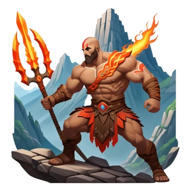 An icon showing a powerful warrior wielding a weapon, inspired by God of War: Ragnarok. The design captures the character’s strength, with dynamic motion lines. A fiery, mythological background with mountains and ruins enhances the epic atmosphere. Transparent background. sticker