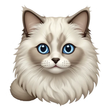 Cinematic-Fluffy-Seal-Ragdoll-Cat-Portrait-Emoji – Head tilted cutely with big, sparkling blue eyes, soft brown-and-white fur with darker seal points on the ears, face, and paws, simplified yet irresistibly adorable features, highly detailed, glowing with a soft and warm charm. sticker
