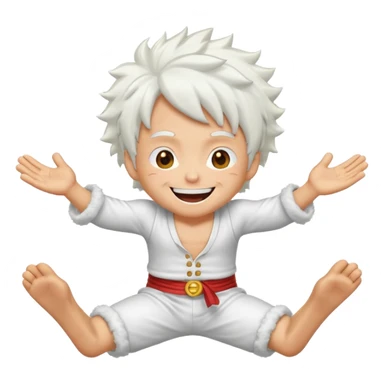 Create a joyful cartoon-style emoji of Luffy as a laughing character with wild, fluffy white hair and a glowing white outfit. The character should have a big open smile, one hand on its face in laughter, and be in a dynamic mid-air pose with bent legs, as if carefree and floating. sticker
