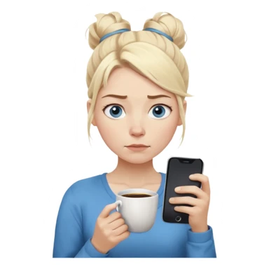 Cartoon emoji of a Scandinavian-looking woman with light blonde hair, pale skin, blue eyes. Portrait mode. Messy bun, tired eyes, tense face. Holding phone and coffee, rushed posture. Clearly busy, overwhelmed, slightly miserable. Smooth, simple, stylized sticker
