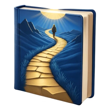 A deep blue-to-golden sunrise book with a textured, aged cover, featuring a lone figure on a path, a ray of light, or a tree with deep roots, radiating hope, purpose, and the power of finding meaning in adversity. sticker