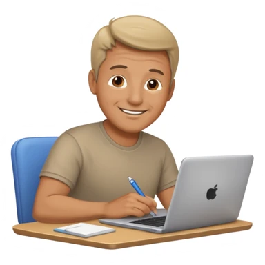 middle aged man looking at laptop and writing and smiling sticker