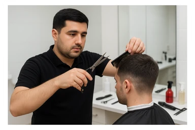 sartaroshxonada mijozlarni sochini olayotganin  tasvirlab ber juda yosh ham katta ham bo'lmasin semiz ham bo'lib ketmasin o'smirin davrini yuzi ko'rinmasin sticker