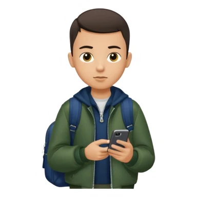 a tan boy with buzzcut and drak hair dark green jacket and navy blue bag looking at his phone dark blue school bag and zip his jacket up sticker