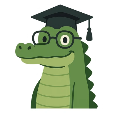 flat toon style academic alligator wearing glasses and a graduation cap, white background sticker