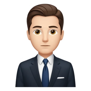 Caucasian man with slicked back brown hair, black suit, navy tie, elegant look standing  sticker