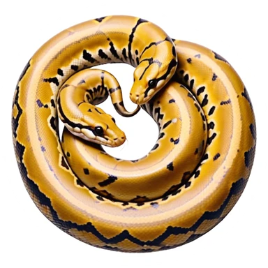 A photo-realistic top-down view of a Ball Python gently coiled into a tight spiral, with its head resting peacefully at the center. Its scales are warm brown with bold, irregular black markings, including the distinctive “alien-head” pattern, flowing smoothly along its body.  sticker