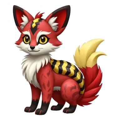 Futuristic sanguine-red banana-yellow black chevron-marked furry fluffy floofy feathery tribal marked Genet-Absol-Kyurem-Zeraora-Primagen-fusion-creature  sticker