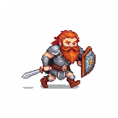 pixel art ginger viking with red beard and armor, running animation frame 3, legs crossing sticker