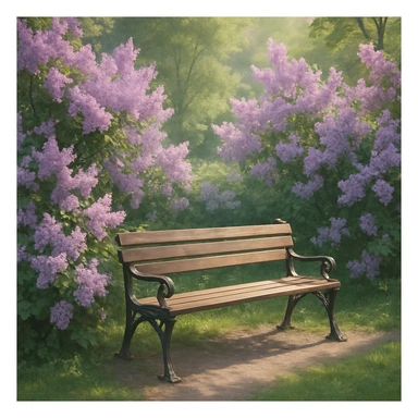 A park bench encircled by clusters of lilac blossoms, lush greenery, soft sunlight, peaceful setting sticker