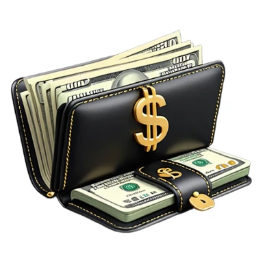 Rich emoji style black leather wallet with dollar bills, luxury money vibe, premium 3D emoji, ultra clean, high detail, no background
 sticker