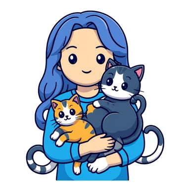 Girl with long wavy blue hair holding three cats, one black cat, one grey cat, and one grey-striped cat sticker