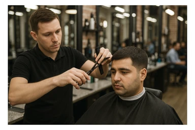 yuzi ko'rinmasin sartaroshxonada ishlayotganini tasvirlab ber mijozlarni sochini olayotganini sticker