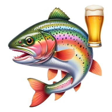 Rainbow trout with arms holding a beer sticker