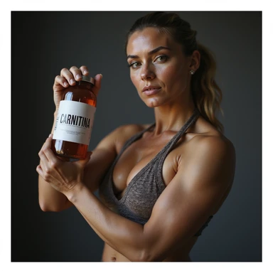 hyperrealistic female bodybuilder, holding a vial with a label 'CARNITINA' in large block letters, realistic details, 4k sticker