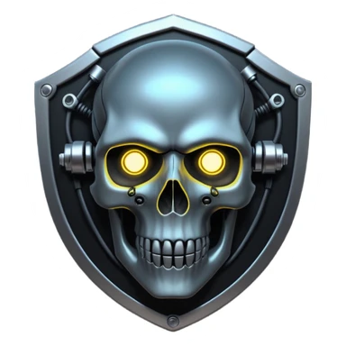 Cyberpunk shield, skull with cybernetic implants, glowing wires, dark electric silver and black tones, no background sticker