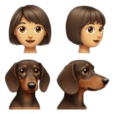 A woman with shoulder length brown hair and bangs. A rough haired dachshund. sticker