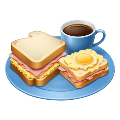 a blue breakfast plate, a sandwich with ham and scrambled eggs and a cup of white coffee sticker