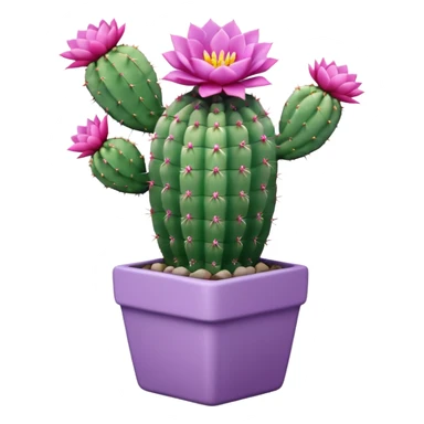 One ceramic pot in pastel violet, square, and tall, containing a flowering cactus. sticker